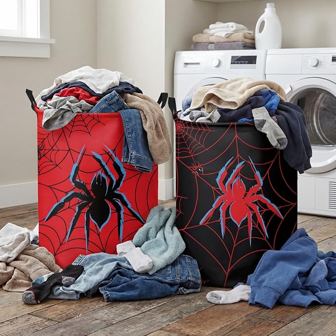 2 Pcs Spider Laundry Hamper Basket Large 17.32 x 13.78 Inch Round Collapsible Spider Toy Storage Organizer Basket Bin with Waterproof Layer for Closet Bedroom Playroom Nursery Toy Dirty Cloth
