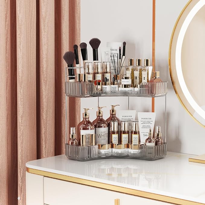2-Tier Corner Bathroom Counter Organizer with Top Toothbrush Holders,Large Makeup Organizer Countertop with Brush Holder,Skincare Organizers Corner,Exquisite Vanity Organizer (Gray, 2 Tier)