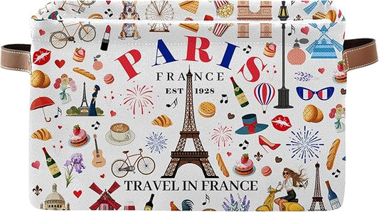 Paris Themed Storage Basket - Eiffel Tower Print Collapsible Bin with Handles - Eiffel Tower Toy Bins - Eiffel Tower Pattern Storages Bin for Kids Clothes, Gifts, Books