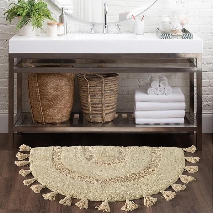 Half Circle Boho Bathroom Rug with Tassels 100% Cotton Hand-Woven Bath Mat Non Slip Absorbent Crochet Rug Washable Boho Bath Mat Carpet for Tub, Shower 27.5 Inch