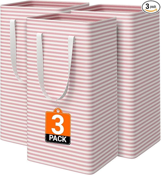 3 Pack Large Laundry Basket,Waterproof & Freestanding Laundry Hamper,Collapsible Clothes Hampers with Easy Carry Long & Reinforced Handles in Bathroom,College Dorm(88Lx3,Pink)