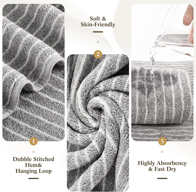 4 Pieces Extra Large Grey Striped Bath Towels Set 35 x 70 in Coral Fleece Oversized Bathroom Pool Towel Highly Absorbent Soft Quick Dry Shower Bath Sheets for Hotel Spa Pool