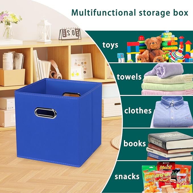 Black Foldable Storage Cubes Bins, Fabric Storage Box Cubes Organizer Baskets with Dual Handles for Home Organizer,Set of 6,(Dark Blue)