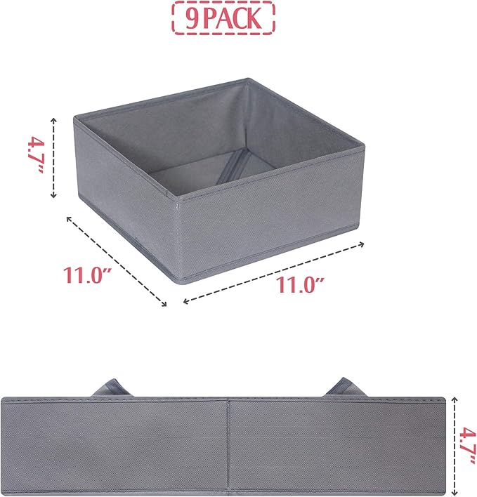 DIOMMELL 9 Pack Foldable Cloth Storage Box Closet Dresser Drawer Organizer Fabric Baskets Bins Containers Divider for Clothes Underwear Bras Socks Lingerie Clothing, M Grey 900