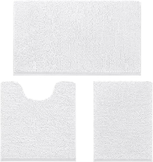 HOMEIDEAS 3 Pieces Bathroom Rugs, Ultra Soft Non Slip Absorbent Chenille Toilet Bath Mat Set (White)