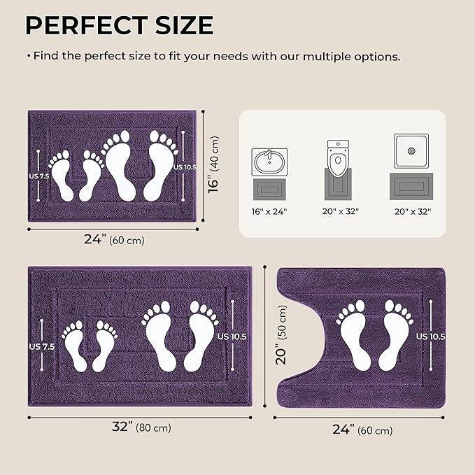 GRANNY SAYS Bathroom Rugs Sets 3 Piece, Soft Absorbent Microfiber Bath Mats for Bathroom Non Slip Washable, U-Shaped Toilet Bath Rugs for Tub Shower (Purple, 16" x 24" + 20" x 32" + 20" x 24")