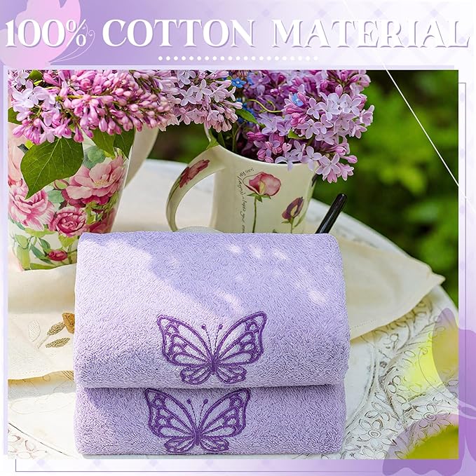 2 Pcs Butterfly Hand Towels Light Purple Bathroom Decor 14x29 Inch Embroidered 100% Cotton Soft Absorbent Spring Summer Washcloths Decorative Hand Towels for Bathroom Kitchen