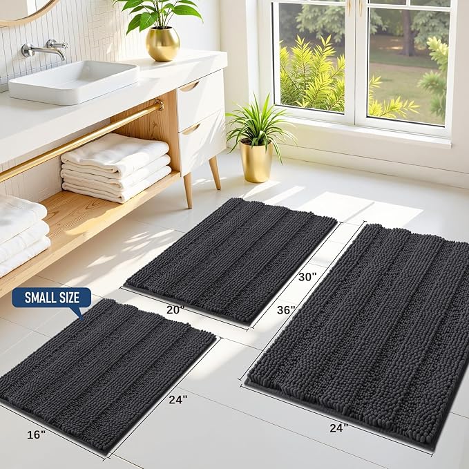 Grandaily Chenille Striped Bathroom Rugs 24x16, Extra Thick and Soft Absorbent Bath Mats, Rubber Backing, Plush Shaggy Shower Carpet, Machine Wash Dry, Bath Rug for Bathroom, Charcoal