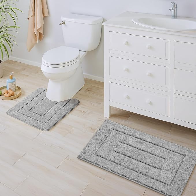 GRANNY SAYS Bathroom Rugs Sets 2 Piece, Soft Absorbent Microfiber Bath Mats for Bathroom Non Slip Washable, U-Shaped Toilet Bath Rugs for Tub Shower (Grey, 20" x 32" + U Shaped 20" x 24")