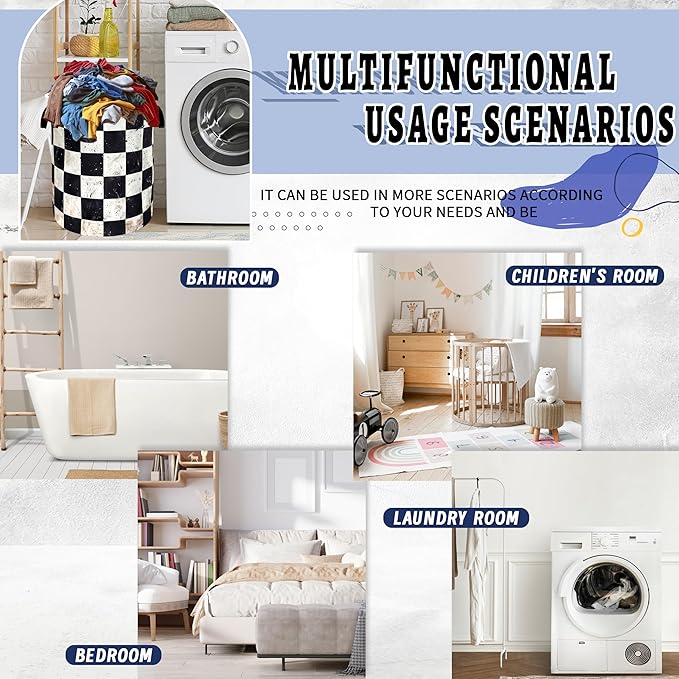 Funny White Checkered Laundry Basket Foldable Retro Black Squares Laundry Hamper With Handle Oxford Cloth Portable Clothes Storage Basket Laundry Bag 18.9"x16.5" For Laundry Room/Bedroom/Bathrooms