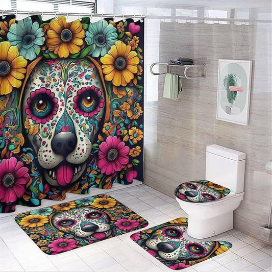 4 Pc Day Dead Dog Sugar Skull Flower Art Shower Curtains + Tub Shower Bath Rug Set, Water Repellent Spa Curtain Absorbent Shaggy Rugs