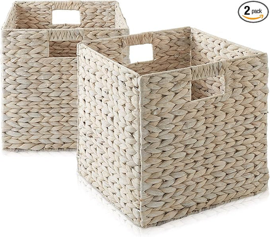 Casafield 12" x 12" Hyacinth Storage Baskets, Whitewash - Set of 2 Storage Organizers, Woven Wicker Cubes for Bathroom, Bedroom, Laundry, Shelves