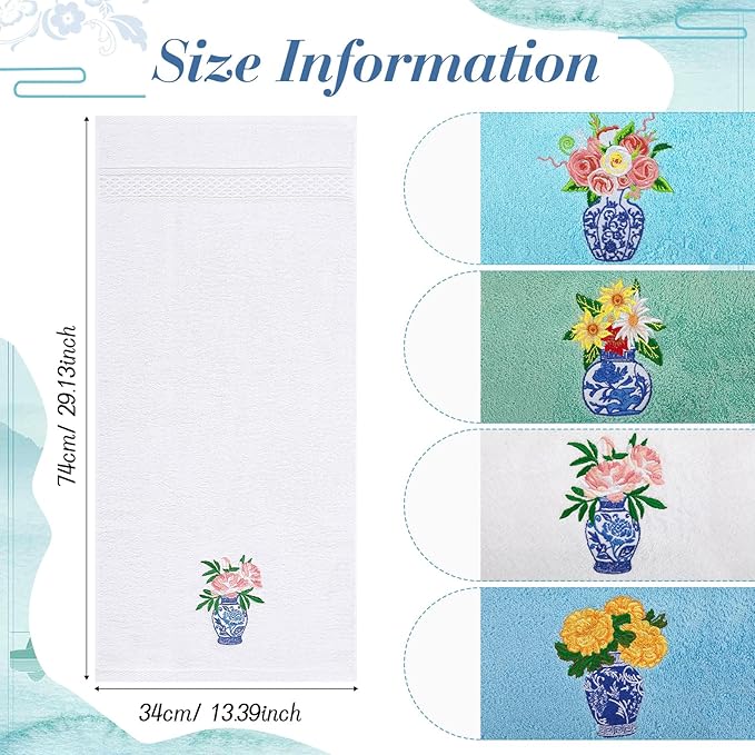 4pcs Chinoiserie Vase Kitchen Towels 29" X 13" Blue and White Floral Porcelain Tea Towel Cotton Embroidered Bathroom Decorative Absorbent Dishcloths Hostess Housewarming Gift