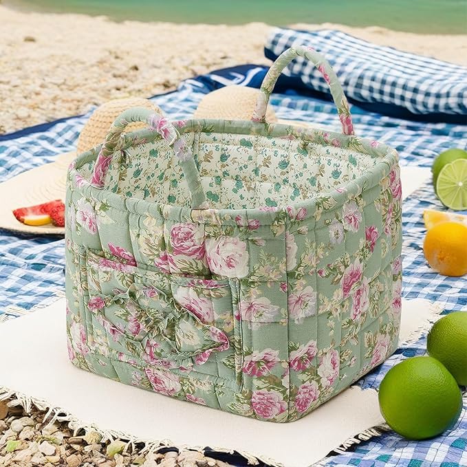 Boho Fabric Storage Basket, Large Capacity Laundry Basket, 12.2'' x 10.23'' x 10.23'' Collapsible Laundry Hamper with Easy Carry Handles (Army Green, L)