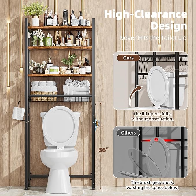 Over The Toilet Storage Rack, 4 Tier Bathroom Shelf Organizer Over Toilet with Adjustable Feet, Basket, Hooks, Paper Holder, Quick Interlock Install & Water-Resistant Shelves (Vintage Brown)