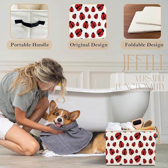 Ladybug Storage Bins with Handles, Lady Bug Gifts for Women Men, Cute Red Ladybug Insect Collapsible Laundry Basket Storage Box for Home Bedroom Bathroom Clothes Toys Books