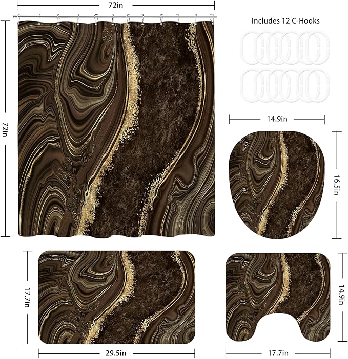 4PCS Brown Marble Bathroom Sets with Shower Curtain and Rugs, Modern Gold Shower Curtain Sets with Rugs for Bathroom Decor, Bathroom Curtains Shower Set with Toilet Lid Cover Accessories