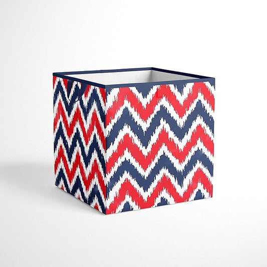Bacati - Small Storage Tote Mix N Match Ikat Chevron/Dots Navy/Red 10 x 10 x 10 inches