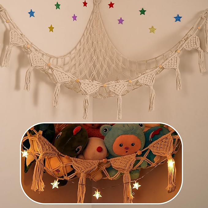 Stuffed Animals Net w/LED Star Light, 56 Inch Jumbo Toy Hammock Hanging Storage Organizer Holder Nursery Décor for Teddy Plushie, Cream Stuffed Animals Hammock Corner for Kid Girls Boys Gift