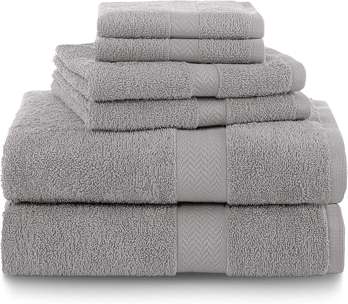 6-Piece Luxury 100% Cotton Towel Set | Quick Dry | Super Absorbent | Super Soft 100% Ringspun Cotton Towels | 2 Bath Towels | 2 Hand Towels | 2 Wash Cloths | Silver