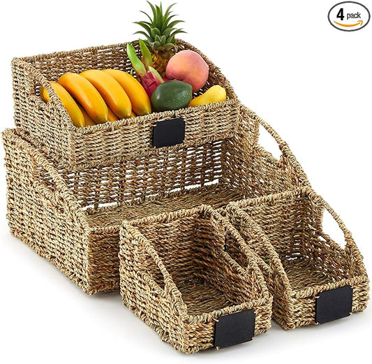 4 Pcs Natural Seagrass Storage Baskets Set Stackable Handwoven Wicker Storage Bins with Chalkboard Label Built-in Handles Woven Container Basket Kitchen Baskets for Shelves