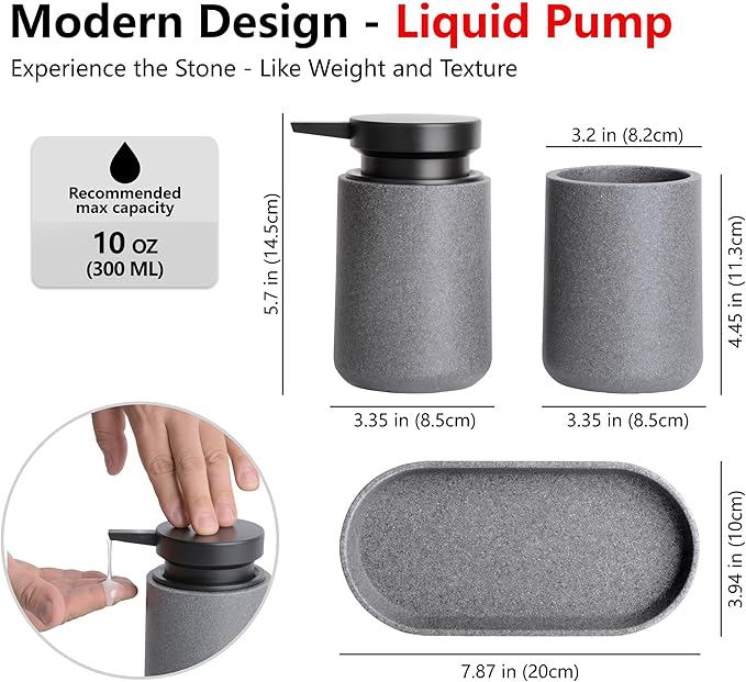 3 Pcs Bathroom Accessories Set, Liquid Soap Dispenser with Large Pump, Toothbrush Holder Cup and Soap Dish, Sandstone Texture Bathroom Counter Set for Modern Home (Gray)