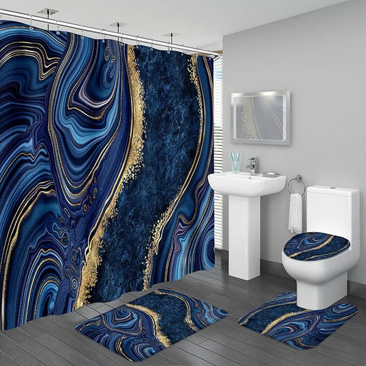 4PCS Navy Blue Gold Marble Shower Curtain Sets with Rugs, Abstract Bathroom Sets with Shower Curtain and Rugs, Gold Bathroom Curtains Shower Set with Toilet Lid Cover Accessories