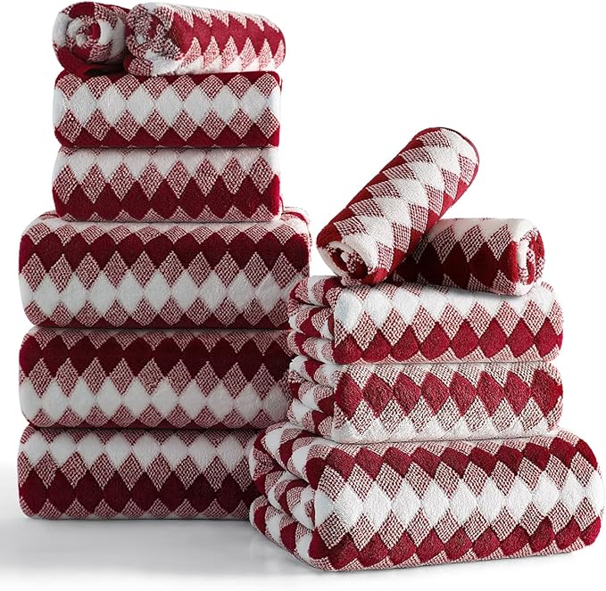 12 Pcs Burgundy Diamond Towel Set-4 Bath Towels,4 Hand Towels,4 Washcloths Soft Polyester Towels with Loop Absorbent Shower Towel Quick Dry Beach Chair Towel Family Towels for Bathroom Spa Gym Pool