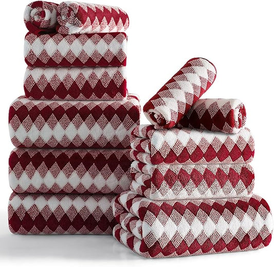 12 Pcs Burgundy Diamond Towel Set-4 Bath Towels,4 Hand Towels,4 Washcloths Soft Polyester Towels with Loop Absorbent Shower Towel Quick Dry Beach Chair Towel Family Towels for Bathroom Spa Gym Pool