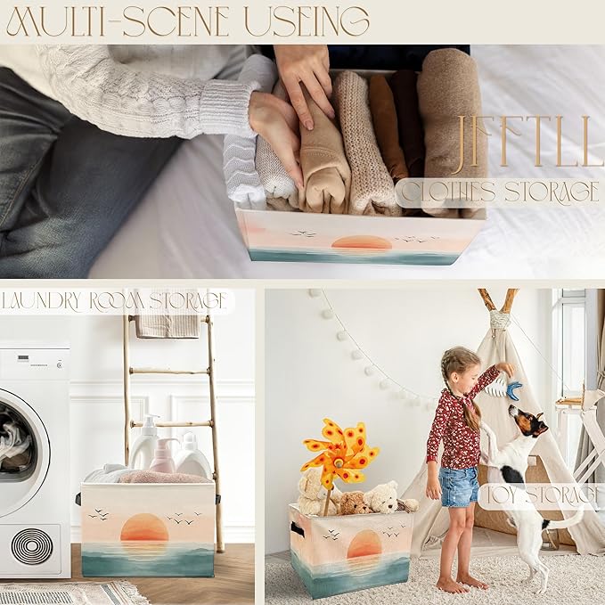 Boho Coastal Beach Sunset Storage Bins with Handles, Watercolor Coastal Ocean Landscape Collapsible Laundry Basket Storage Box for Home Bedroom Bathroom Clothes Toys Books