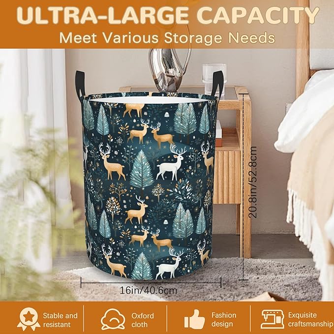 Christmas Deer Laundry Basket,Forest Trees Foldable Laundry Hamper Waterproof Oxford Cloth Tote Bag,Clothes Storage Bucket Decorative Toy Organizer For Bathroom Bedroom 16" x 20"