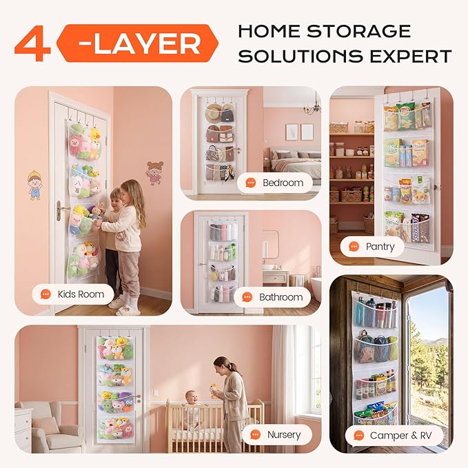 Upgraded Assembly Type Stuffed Animal Storage. Original Design & Patented, 4 Components Over the Door Organizer, Adjustable Stuffed Animals Storage, Suitable for Doors and Walls of Various Heights.