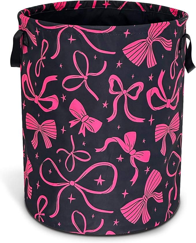 Bow Laundry Basket Oxford Cloth Pink Bowknot Laundry Hamper Funny With Handle Foldable Portable Clothes Storage Basket 18.9 X 16.5 In Storage Bag For Laundry Room/Bathroom/Bedroom/Dormitories
