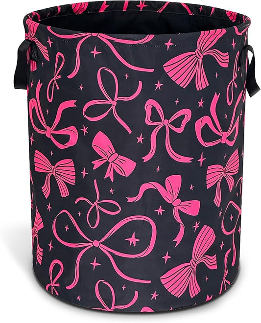 Bow Laundry Basket Oxford Cloth Pink Bowknot Laundry Hamper Funny With Handle Foldable Portable Clothes Storage Basket 18.9 X 16.5 In Storage Bag For Laundry Room/Bathroom/Bedroom/Dormitories