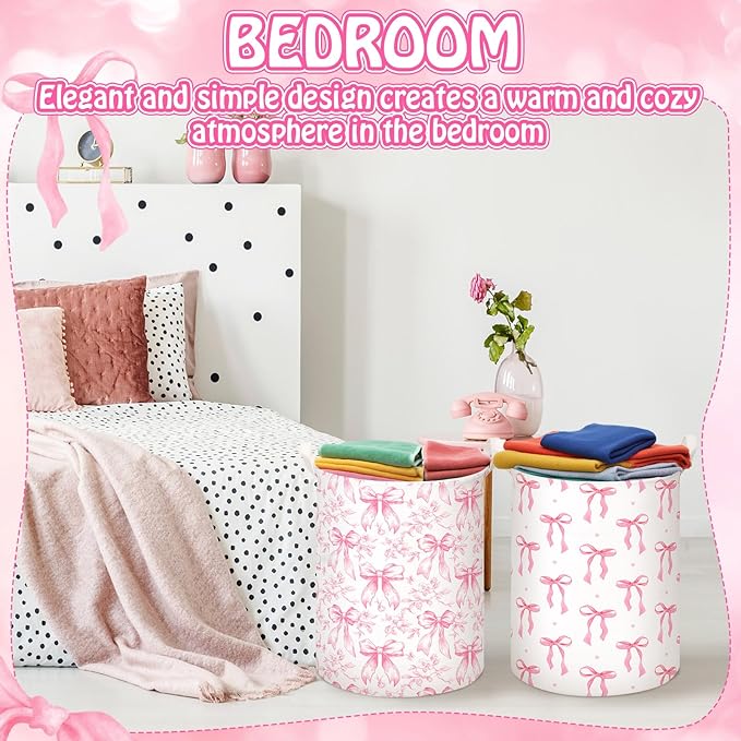 2 Pcs Laundry Basket Coquette Storage Basket for Girls Nursery Hamper with Handles Foldable Waterproof Collapsible Storage Bin Organizer for College Dorms Bathroom(Mixed Bows)