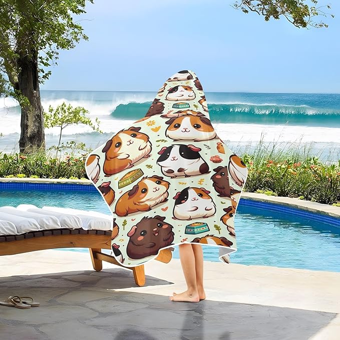 Hooded Beach Towel for Kids, Cute Guinea Pig Girls Boys Bath Towel Poncho, Super Soft & Absorbent Pool Towel, 50 x 23.5 Inches