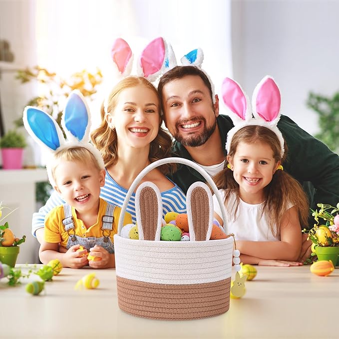 Easter Baskets for Kids, Small Bunny Personalized Easter Basket Empty with Handle, Basket Name Tags, Woven Rope Baby Easter Egg Baskets for Babies Girls Boys Toddler Infant, 9" x 9" x 6.3"
