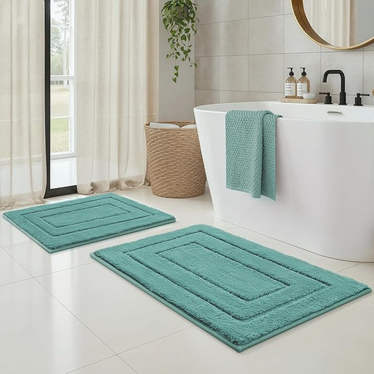 GRANNY SAYS Bathroom Rugs Sets 2 Piece, Soft Absorbent Microfiber Bath Mats for Bathroom Non Slip Washable, U-Shaped Toilet Bath Rugs for Tub Shower (Teal, 16" x 24" + 20" x 32")