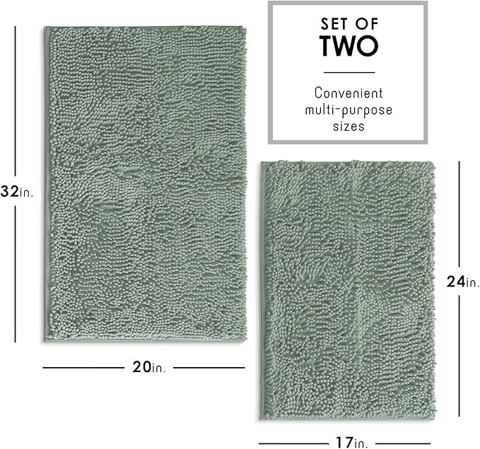 Hearth & Harbor Bathroom Rugs, Chenille Bath Mat - Machine Washable Bath Mats for Bathroom Non-Slip Backing Rubber, Quick Dry Bathroom Mat, 17 x 24 + 20 x 32 - Ice Green
