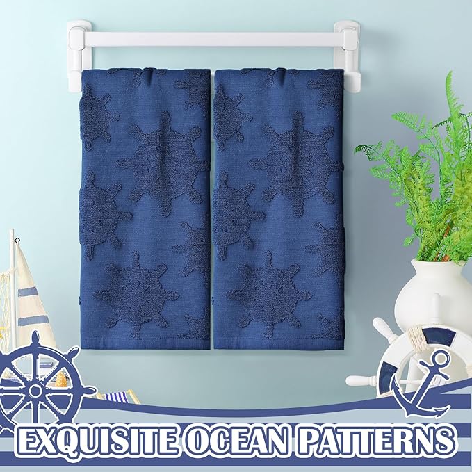 2 Pcs Nautical Hand Towels for Bathroom 100% Cotton Jacquard Weave Bath Towel Set Soft Absorbent Dish Washcloth for Bathroom Kitchen Coastal Theme Gifts 13.8 x 29.5 Inch (Navy Blue)