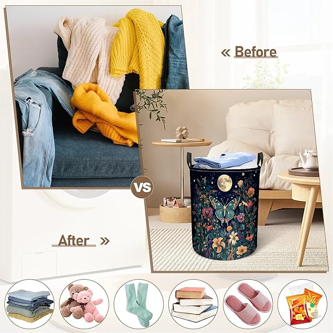 Butterfly Garden Laundry Basket for Women, Large Canvas Collapsible Organizer Storage Basket for Nursery,Office,Toy Organizer,Home,Decor - 19.7" X 15.7 "