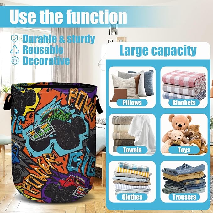 Monster Truck car Laundry Basket, Laundry Hamper Collapsible Oxford Cloth with Handle Clothes Toy Storage Bin for Bathroom Laundry Room Bedroom 15.7 X 20 Inch