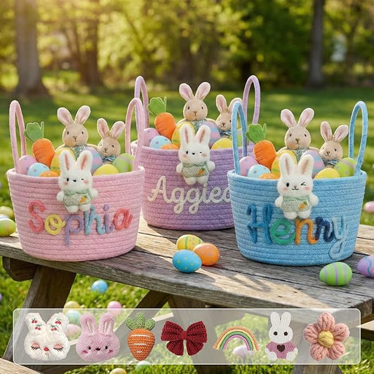 Personalized Easter Basket for Kids with Name - Custom Cute Embroidery Easter Bunny Rope Basket for Boys Girls, Easter Egg Hunt Basket (Two Handles+7 Colors)