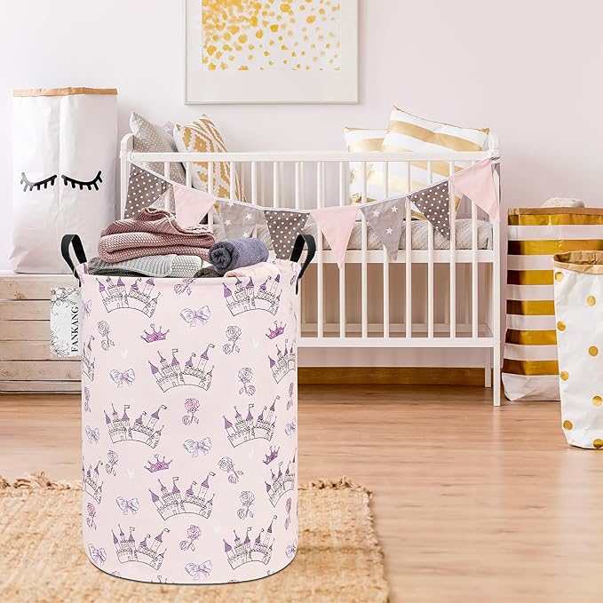 FANKANG Storage Basket, Nursery Hamper Canvas Laundry Basket Foldable with Waterproof PE Coating Large Storage Baskets for Kids Boys and Girls, Office, Bedroom, Clothes,Toys(Princess Castle)