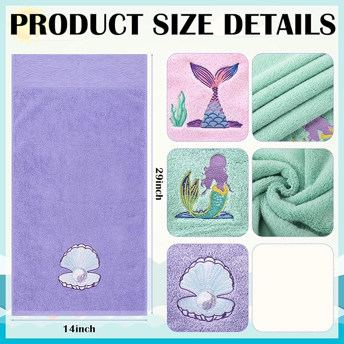 3 Pcs Watercolor Mermaid Hand Towels 14 x 29 Inch Cotton Embroidered Mermaid Shell Beach Bathroom Towels Sea Ocean Bathroom Decorative for Home Drying Cleaning Cooking Gift