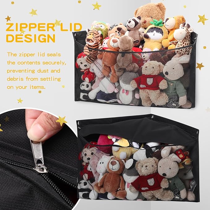 ANROYE 2PCS Large Corner Stuffed Animal Storage, Kids Plushies Toy Black Wall Hammock for Girls Room, Baby Squishmallow Holder for Nursery, Organizer Idea for Bear Hanging Display Boy Gift