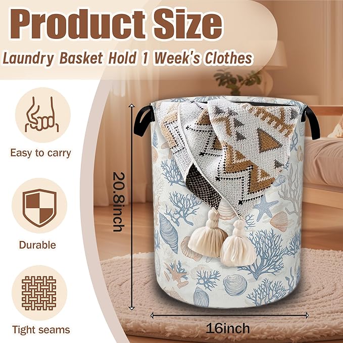 Seashells Starfish Laundry Basket,Waterproof Foldable Laundry Hamper,Dirty Clothes Basket, Linen Bin Storage Organizer Collection 16" x 20.8"