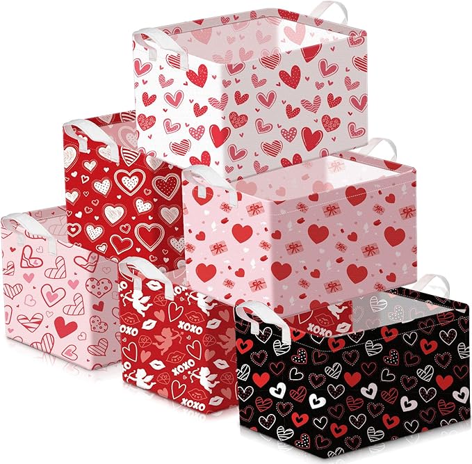 Bucherry 6 Pcs Valentine's Day Storage Baskets Empty Red White Pink Heart Collapsible Waterproof Canvas Storage Bin Organizer with Handles for Galentines Gifts Bookshelf Box Laundry Decor