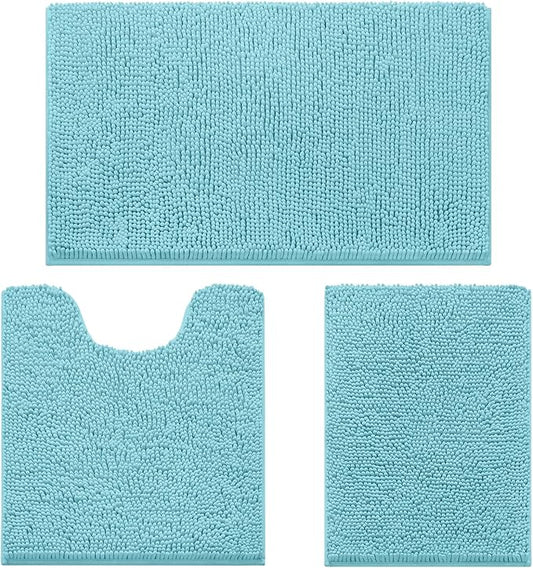 HOMEIDEAS 3 Pieces Bathroom Rugs, Ultra Soft Non Slip Absorbent Chenille Toilet Bath Mat Set (Aqua Blue)