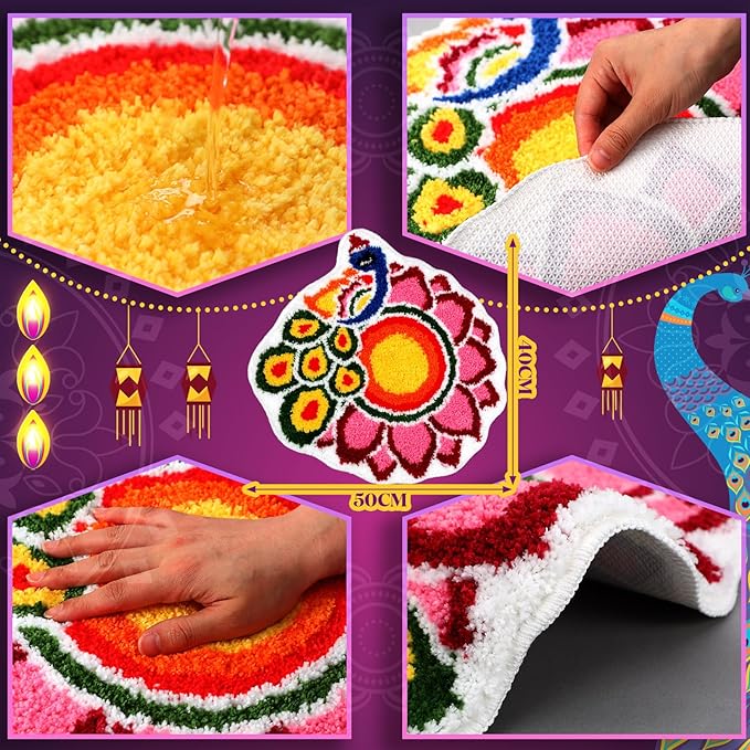 20 Inch Diwali Rangoli Mat Decorations Indian Diwali Door Mat for Home Peacock and Petals Decoration Non Slip Washable Rug for Indian Traditional Pooja New Year Entrance Gift